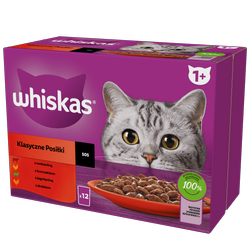 WHISKAS Adult saszetka 12 x 85 g Klasyczne Posiłki - mokra karma pełnoporcjowa dla dorosłych kotów, w sosie (kawałki z: wołowiną, kurczakiem, jagnięciną, drobiem)