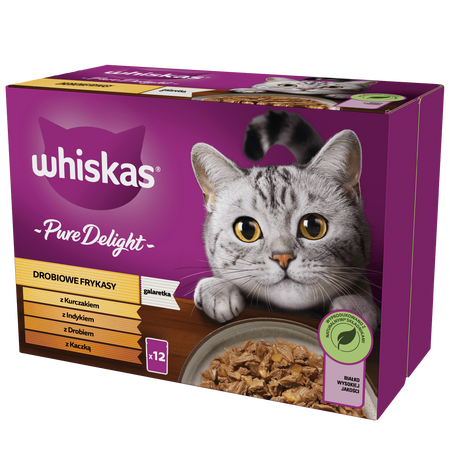 WHISKAS Adult saszetka 12 x 85 g Drobiowe Frykasy - mokra karma pełnoporcjowa dla dorosłych kotów, w galaretce (kawałki z: kurczakiem, indykiem, drobiem, kaczką)