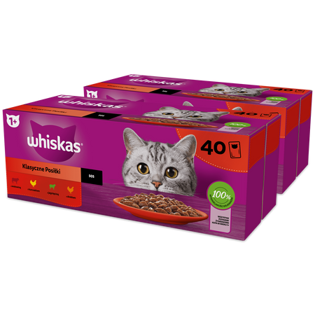 WHISKAS Adult saszetka 80x85g Klasyczne Posiłki - mokra karma pełnoporcjowa dla dorosłych kotów, w sosie (kawałki z: wołowiną, kurczakiem, jagnięciną, drobiem)