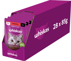 WHISKAS Adult saszetka 28x85g - mokra karma pełnoporcjowa dla dorosłych kotów, kawałki z wołowiną w sosie