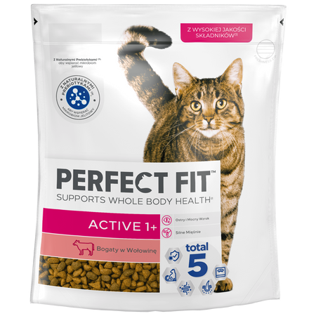 Perfect Fit™ Active (1+) 3x750g – sucha karma pełnoporcjowa dla dorosłych kotów, bogata w wołowinę
