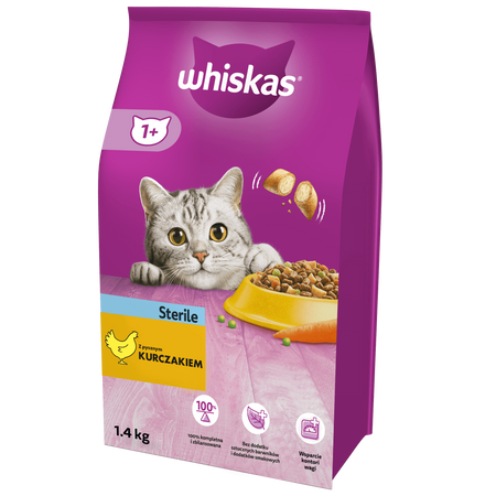 WHISKAS Sterile 1,4 kg - sucha karma pełnoporcjowa dla dorosłych kotów po zabiegu kastracji, z pysznym kurczakiem