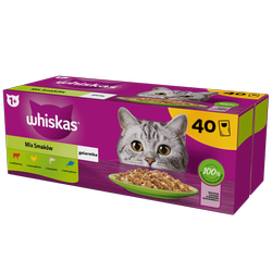 WHISKAS Adult saszetka 40 x 85 g Mix Smaków - mokra karma pełnoporcjowa dla dorosłych kotów, w galaretce (kawałki z: wołowiną, kurczakiem, łososiem, tuńczykiem)