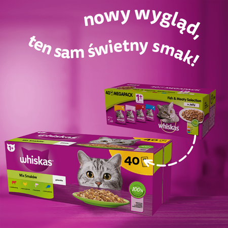 WHISKAS Adult saszetka 40 x 85 g Mix Smaków - mokra karma pełnoporcjowa dla dorosłych kotów, w galaretce (kawałki z: wołowiną, kurczakiem, łososiem, tuńczykiem)