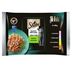 SHEBA Delicacy Fine Flakes Wybór Smaków saszetki 4x85 g – mokra karma pełnoporcjowa dla dorosłych kotów, w galaretce (kawałki z: łososiem, białą rybą, kurczakiem, indykiem)