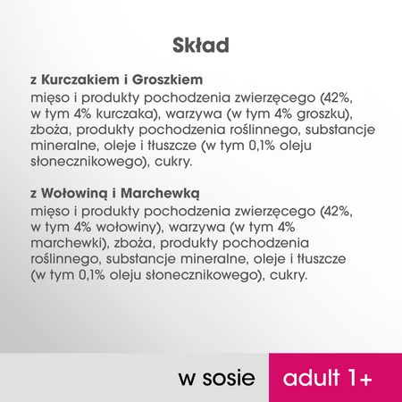 PERFECT FIT Adult saszetka 4x85g – mokra karma dla kota w sosie (z kurczakiem i groszkiem, z wołowiną i marchewką)