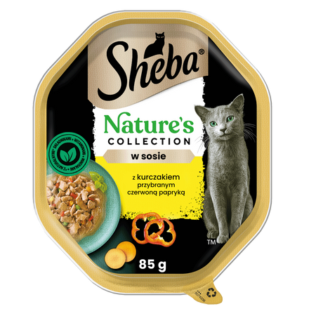 SHEBA Nature’s Collection tacka 22x85 g – mokra karma pełnoporcjowa dla dorosłych kotów, kawałki z kurczakiem przybranym czerwoną papryką, w sosie