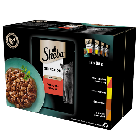 SHEBA Selection Soczyste Smaki saszetki 12x85 g – mokra karma pełnoporcjowa dla dorosłych kotów, w sosie (kawałki z: kurczakiem i wołowiną, kurczakiem, jagnięciną, kaczką i indykiem)