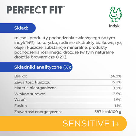 Perfect Fit™ Sensitive (1+) 3x750 g – sucha karma pełnoporcjowa dla dorosłych kotów, bogata w indyka