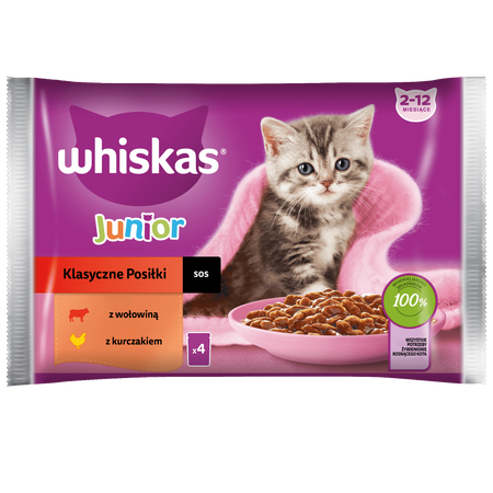 WHISKAS Junior saszetka 4 x 85 g Klasyczne Posiłki - mokra karma pełnoporcjowa dla kociąt, w sosie (z kawałkami: z wołowiną, z kurczakiem)