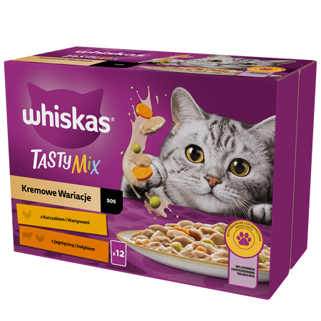 WHISKAS Adult saszetka 12 x 85 g Kremowe Wariacje - mokra karma pełnoporcjowa dla dorosłych kotów, w sosie (kawałki z: kurczakiem i warzywami, jagnięciną i indykiem)