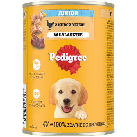 PEDIGREE Junior puszka 400g – mokra, pełnoporcjowa karma dla szczeniąt, z kurczakiem w galaretce