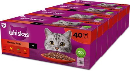 WHISKAS Adult saszetka 4x40x85 g Klasyczne Posiłki - mokra karma pełnoporcjowa dla dorosłych kotów, w sosie (kawałki z: wołowiną, kurczakiem, jagnięciną, drobiem)