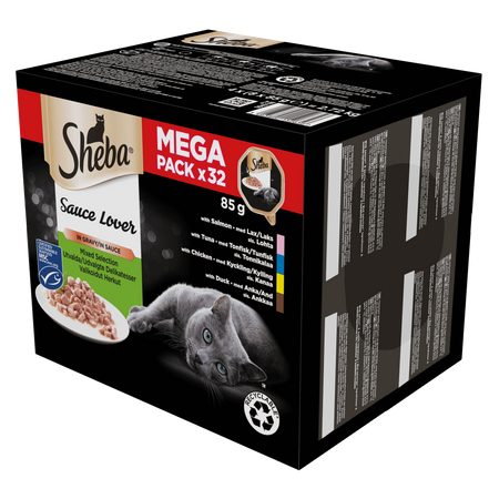 SHEBA® Sauce Lover Mega Pack – pełnoporcjowa, mokra karma w sosie dla dorosłych kotów (z łososiem, z tuńczykiem, z kurczakiem, z kaczką) – 64x85g