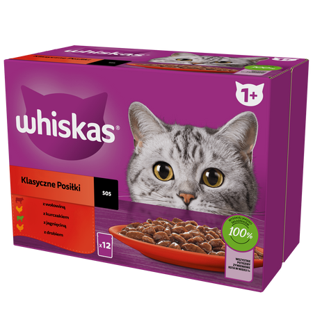 WHISKAS Adult saszetka 12 x 85 g Klasyczne Posiłki - mokra karma pełnoporcjowa dla dorosłych kotów, w sosie (kawałki z: wołowiną, kurczakiem, jagnięciną, drobiem)