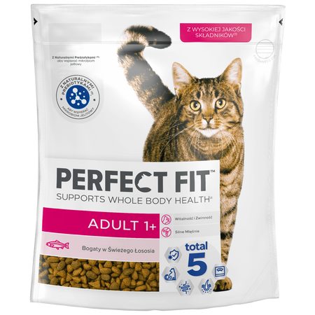 Perfect Fit™ Adult (1+) 6x750g – sucha karma pełnoporcjowa dla dorosłych kotów, bogata w świeżego łososia