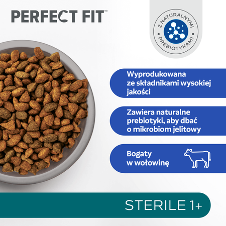 Perfect Fit™ Sterile 1+ 750 g – sucha karma pełnoporcjowa dla dorosłych kotów, bogata w wołowinę