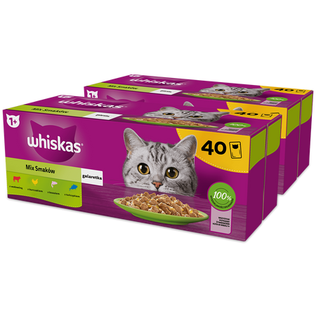WHISKAS Adult saszetka 80 x 85 g Mix Smaków - mokra karma pełnoporcjowa dla dorosłych kotów, w galaretce (kawałki z: wołowiną, kurczakiem, łososiem, tuńczykiem)