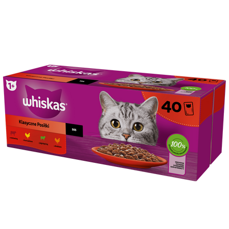 WHISKAS Adult saszetka 80x85g Klasyczne Posiłki - mokra karma pełnoporcjowa dla dorosłych kotów, w sosie (kawałki z: wołowiną, kurczakiem, jagnięciną, drobiem)