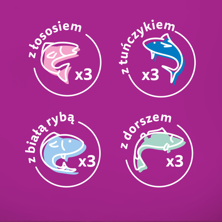 WHISKAS Adult saszetka 12 x 85 g Rybne Przysmaki - mokra karma pełnoporcjowa dla dorosłych kotów, w galaretce (kawałki z: łososiem, tuńczykiem, dorszem, białą rybą)