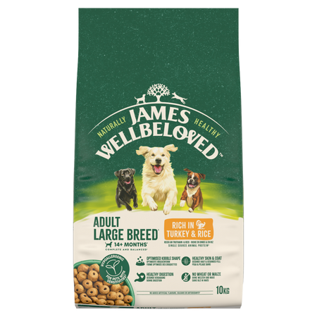 James Wellbeloved Adult 10 kg – sucha karma pełnoporcjowa dla dorosłych psów dużych ras >14 miesięcy - 10 lat, bogata w indyka i ryż