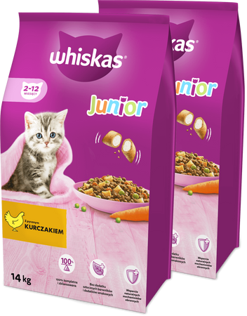 WHISKAS Junior 2x14 kg - sucha karma pełnoporcjowa dla kociąt, z pysznym kurczakiem