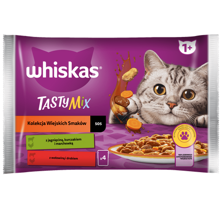WHISKAS Adult saszetka 4 x 85 g Kolekcja Wiejskich Smaków - mokra karma pełnoporcjowa dla dorosłych kotów, w sosie ( kawałki z: jagnięciną, kurczakiem i marchewką, wołowiną i drobiem)