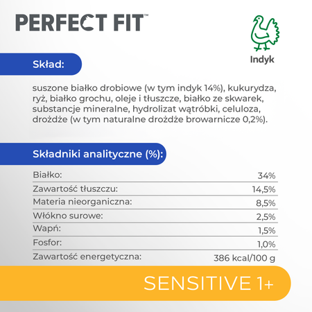 Perfect Fit™ Sensitive 1+ 750 g – sucha karma pełnoporcjowa dla dorosłych kotów, bogata w indyka