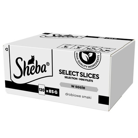 SHEBA Selection Select Slices Drobiowe Smaki saszetki 120x85 g – mokra karma pełnoporcjowa dla dorosłych kotów, w sosie (kawałki z: kaczką, kurczakiem, drobiem, kaczką i indykiem)