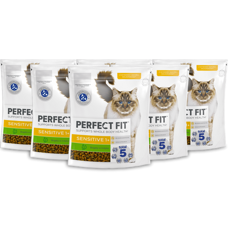 Perfect Fit™ Sensitive (1+) 6x750 g – sucha karma pełnoporcjowa dla dorosłych kotów, bogata w indyka