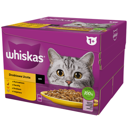 WHISKAS Adult saszetka 24 x 85 g Drobiowa Uczta - mokra karma pełnoporcjowa dla dorosłych kotów, w sosie (kawałki z: kurczakiem, kaczką, drobiem, indykiem)