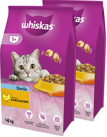 WHISKAS Sterile 2x14 kg - sucha karma pełnoporcjowa dla dorosłych kotów po zabiegu kastracji, z pysznym kurczakiem