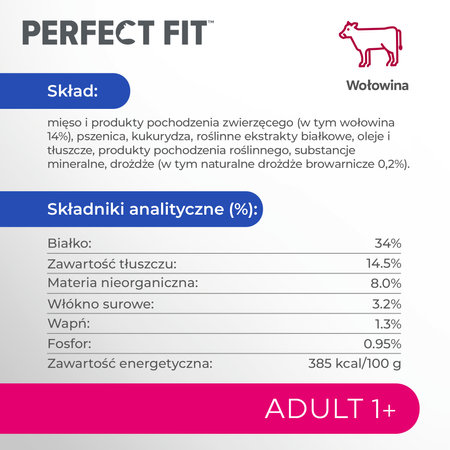 Perfect Fit™ Adult 1+ 7 kg – sucha karma pełnoporcjowa dla dorosłych kotów, bogata w wołowinę