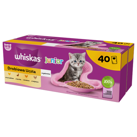 WHISKAS Junior saszetka 40 x 85 g Drobiowa Uczta - mokra karma pełnoporcjowa dla kociąt, w galaretce (kawałki z: kurczakiem, kaczką, drobiem, indykiem)