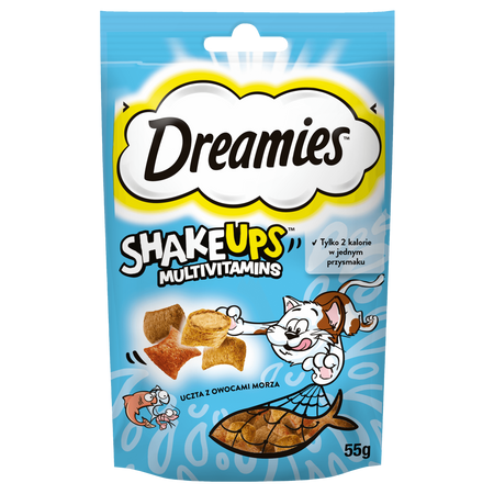 DREAMIES Shake Ups Multivitamins 6x55 g – przysmak dla kota, uczta z owocami morza (o smaku łososia, tuńczyka i krewetek)