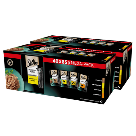 SHEBA Delicacy Drobiowe Smaki saszetki 2x40x85 g – mokra karma pełnoporcjowa dla dorosłych kotów, w galaretce (kawałki z: kaczką, kurczakiem, drobiem, indykiem)