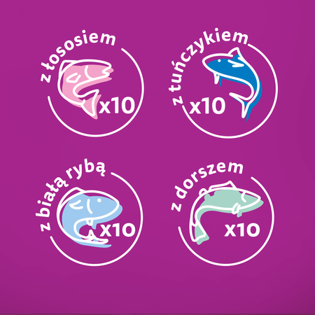 WHISKAS Adult saszetka 4x40x85 g Rybne Przysmaki - mokra karma pełnoporcjowa dla dorosłych kotów, w galaretce (kawałki z: łososiem, tuńczykiem, dorszem, białą rybą)