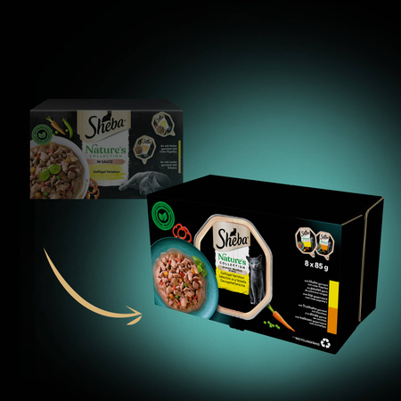 SHEBA Nature’s Collection Drobiowe Smaki tacki 8x85 g – mokra karma pełnoporcjowa dla dorosłych kotów, w sosie (kawałki z: kurczakiem przybranym czerwoną papryką, indykiem przybranym marchewką)