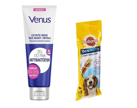 VENUS ŻEL ANTYBAKTERYJNY DO RĄK 100ML + PEDIGREE DENTASTIX 77 G x 8 sztuk