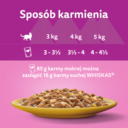 WHISKAS Adult saszetka 4 x 85 g Drobiowa Uczta - mokra karma pełnoporcjowa dla dorosłych kotów, w galaretce (kawałki z: kurczakiem, indykiem)