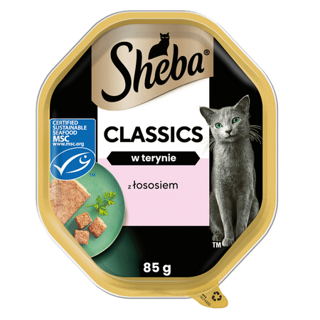 SHEBA Classics tacka 85 g – mokra karma pełnoporcjowa dla dorosłych kotów, z łososiem, w terynie