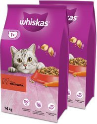 WHISKAS Adult 2x14 kg - sucha karma pełnoporcjowa dla dorosłych kotów, z pyszną wołowiną