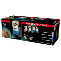 SHEBA Sauce Collection Rybne Smaki saszetki 40x85 g – mokra karma pełnoporcjowa dla dorosłych kotów, w sosie (kawałki z: łososiem, białą rybą, tuńczykiem, dorszem)