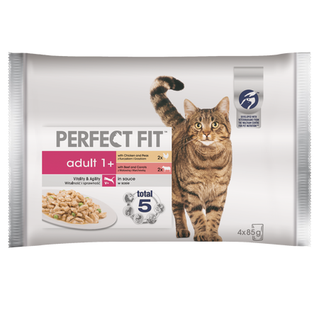 PERFECT FIT Adult saszetka 4x85g – mokra karma dla kota w sosie (z kurczakiem i groszkiem, z wołowiną i marchewką)