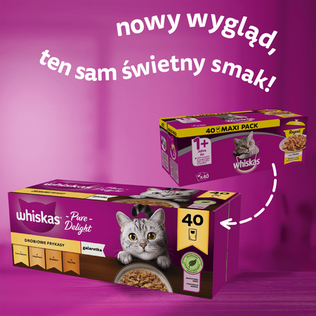 WHISKAS Adult saszetka 4x40x85g Drobiowe Frykasy - mokra karma pełnoporcjowa dla dorosłych kotów, w galaretce (kawałki z: kurczakiem, indykiem, drobiem, kaczką)