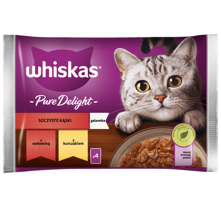 Whiskas Adult Soczyste Kąski w galaretce 4x 85g (kawałki z: wołowiną, kurczakiem)