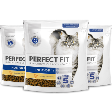 Perfect Fit™ Indoor (1+) 3x750g – sucha karma pełnoporcjowa dla dorosłych kotów, bogata w kurczaka