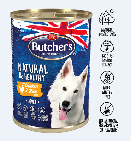 Butcher's Natural&Healthy Dog z kurczakiem i ryżem pasztet 390g