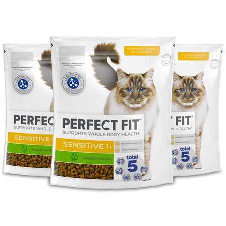 Perfect Fit™ Sensitive (1+) 3x750 g – sucha karma pełnoporcjowa dla dorosłych kotów, bogata w indyka