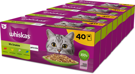 WHISKAS Adult saszetka 4x40x85g Mix Smaków - mokra karma pełnoporcjowa dla dorosłych kotów, w galaretce (kawałki z: wołowiną, kurczakiem, łososiem, tuńczykiem)